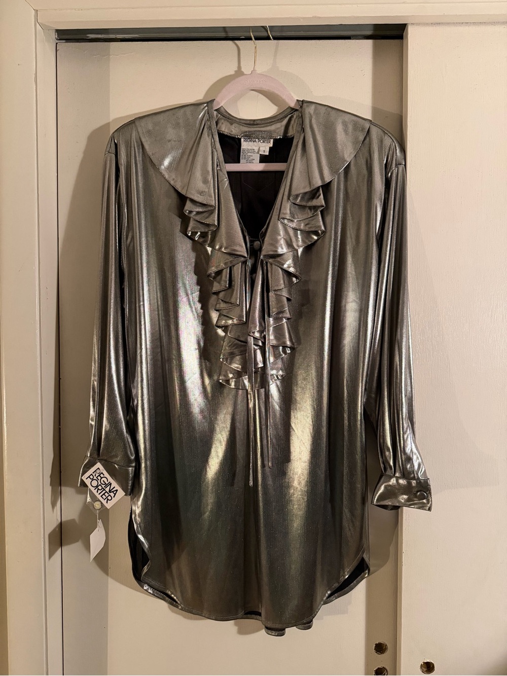 Metallic Silver Ruffle Front Mini Dress - Picture 2 of 7